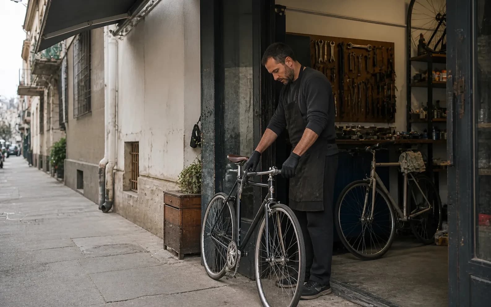 Un proprietar de atelier lucrează la o bicicletă la intrare