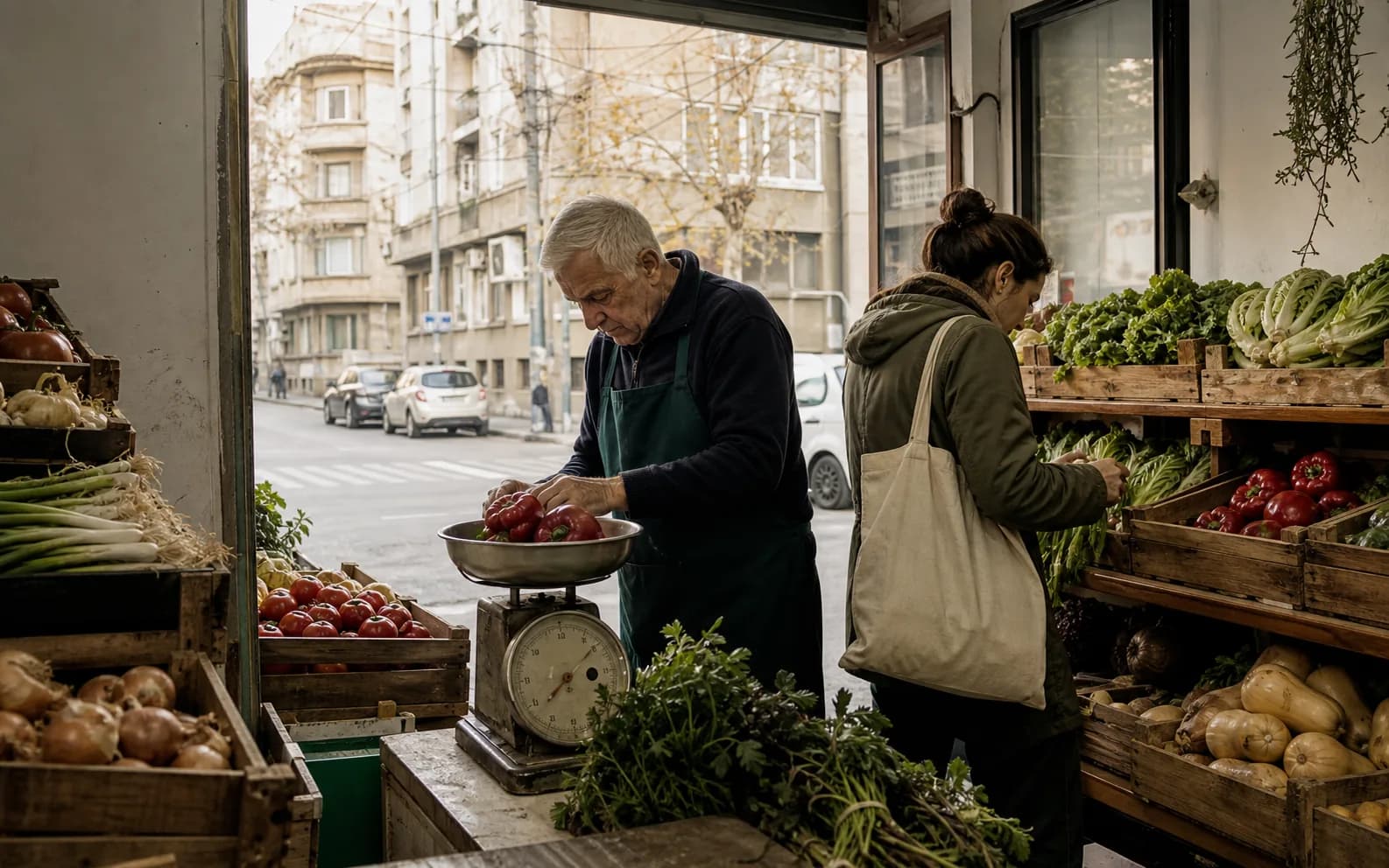 O locuitoare alege produse în timp ce un comerciant bucureștean cântărește legume