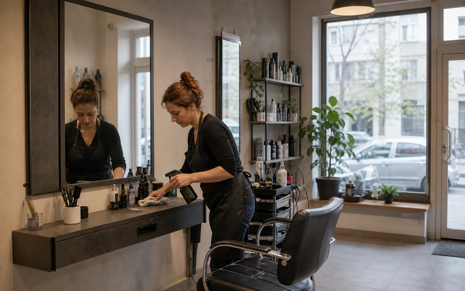 Proprietara unui salon pregătește spațiul pentru clienți