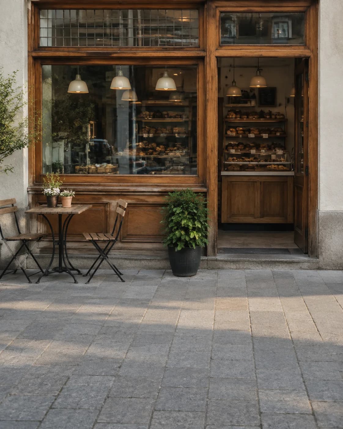 Vitrina cu produse de brutărie și intrarea deschisă a unei cafenele