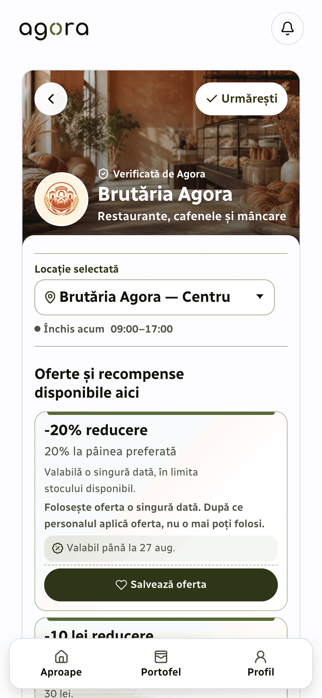 Ecranul Agora pentru rezidenți cu profilul unei brutării locale și oferte active